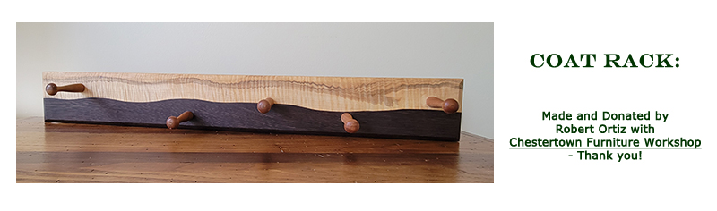 Win this tiger maple coat rack made by Robert Ortiz of Chestertown Furniture Workshops at the 2021 Hearne Hardwoods Open House